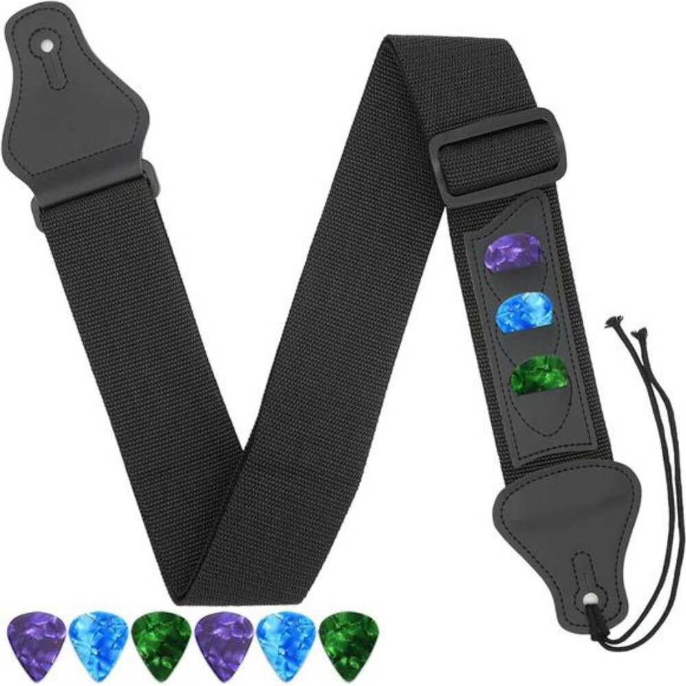 Black Guitar Strap Adjustable With Pick Holders 6 Picks Included 2 Inch Wide